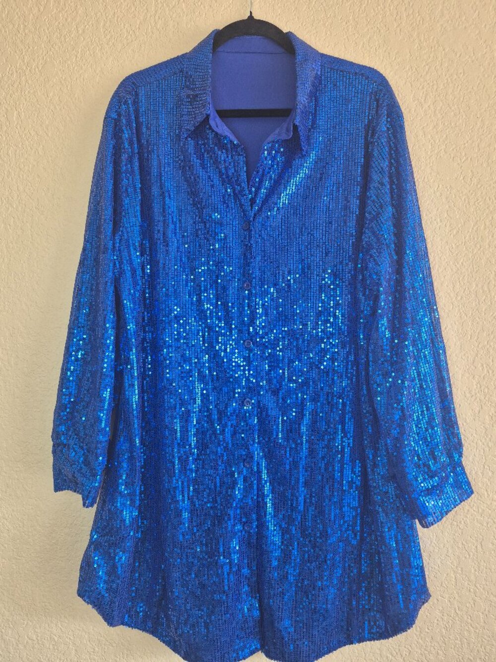 Royal Blue Sequin Button Down Shirt Tunic or Mini Dress XXL Long Sleeve